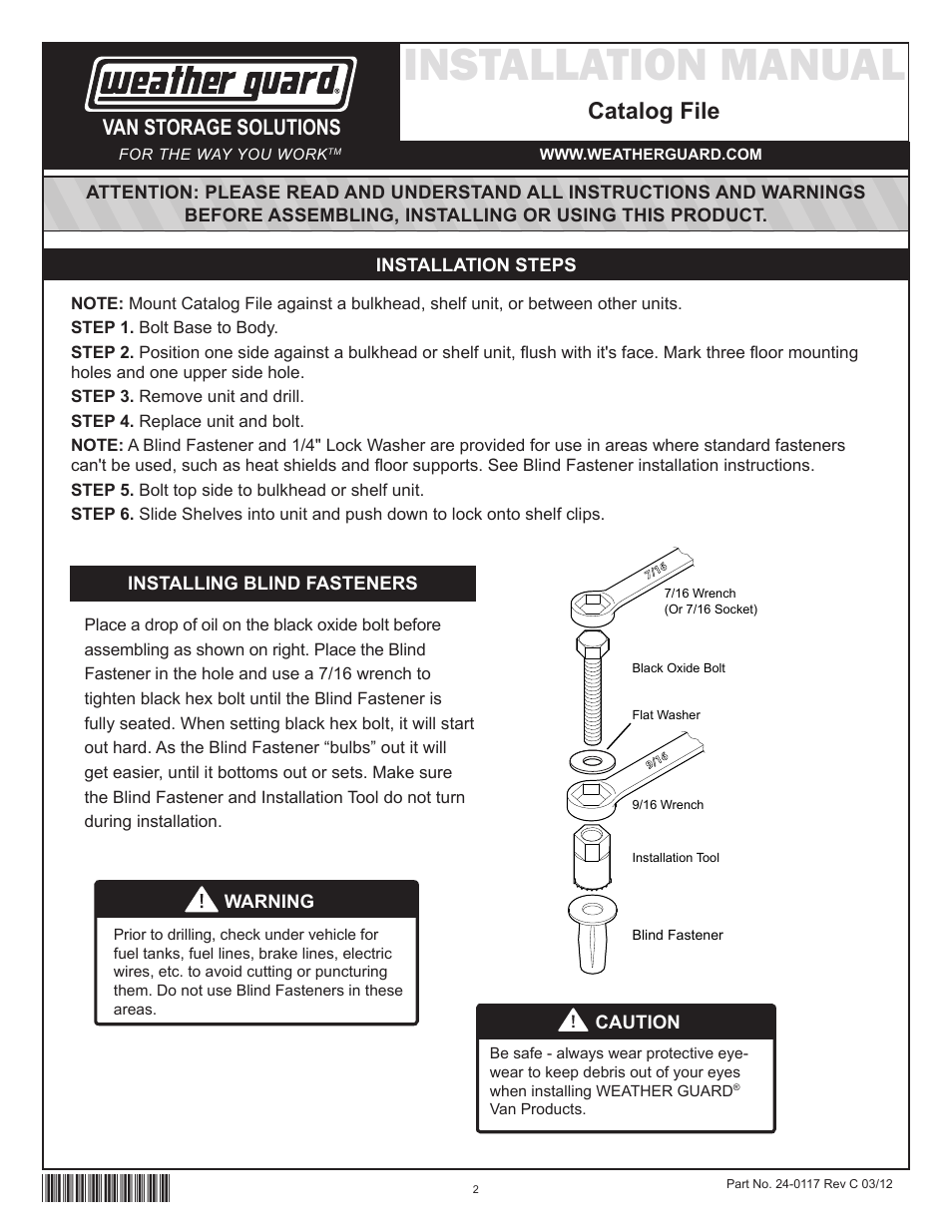 Installation manual, Catalog file, Van storage solutions | WEATHER GUARD Model 9860-3-01 Catalog File Unit, 36 in x 6 in x 12 in User Manual | Page 2 / 9