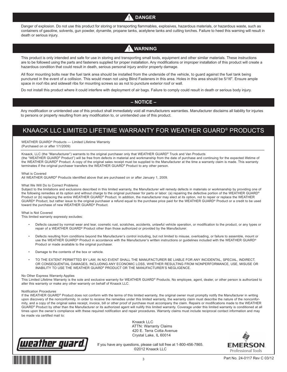 Products, Danger, Notice | Warning | WEATHER GUARD Model 9860-3-01 Catalog File Unit, 36 in x 6 in x 12 in User Manual | Page 3 / 9