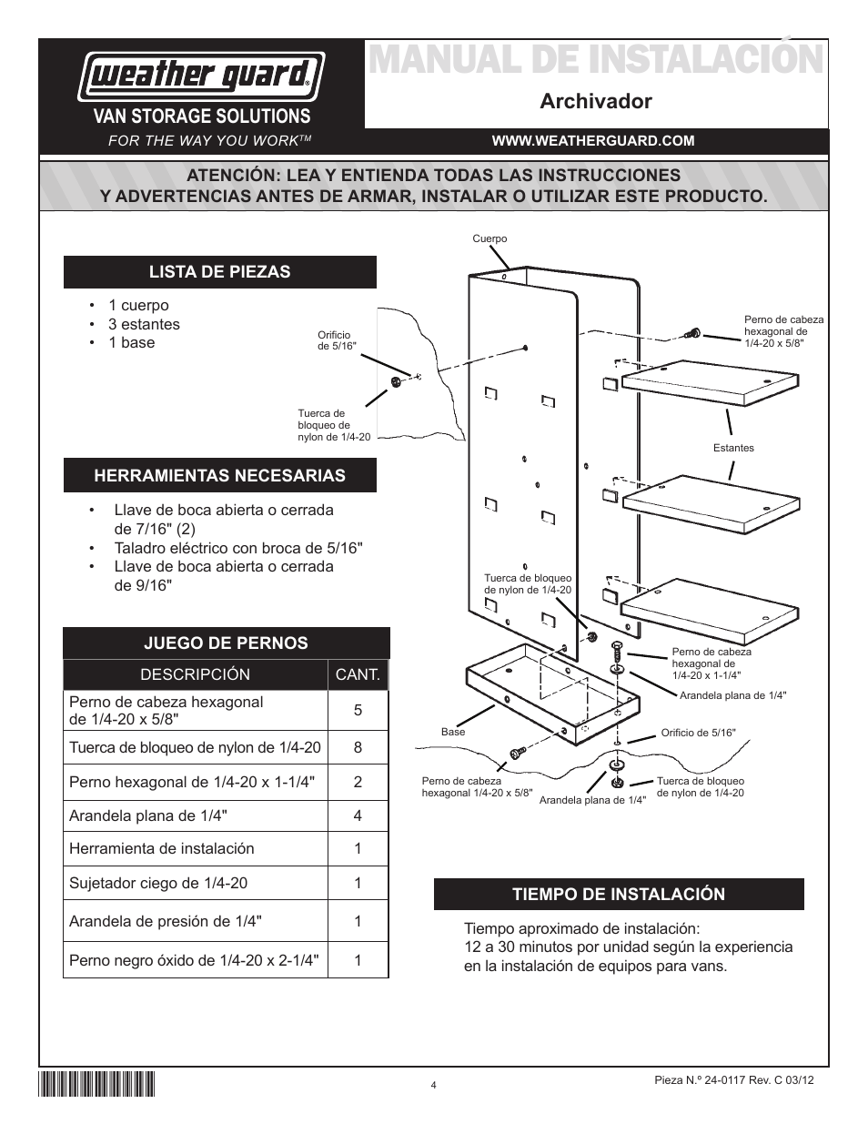 Manual de instalación, Archivador, Van storage solutions | WEATHER GUARD Model 9860-3-01 Catalog File Unit, 36 in x 6 in x 12 in User Manual | Page 4 / 9