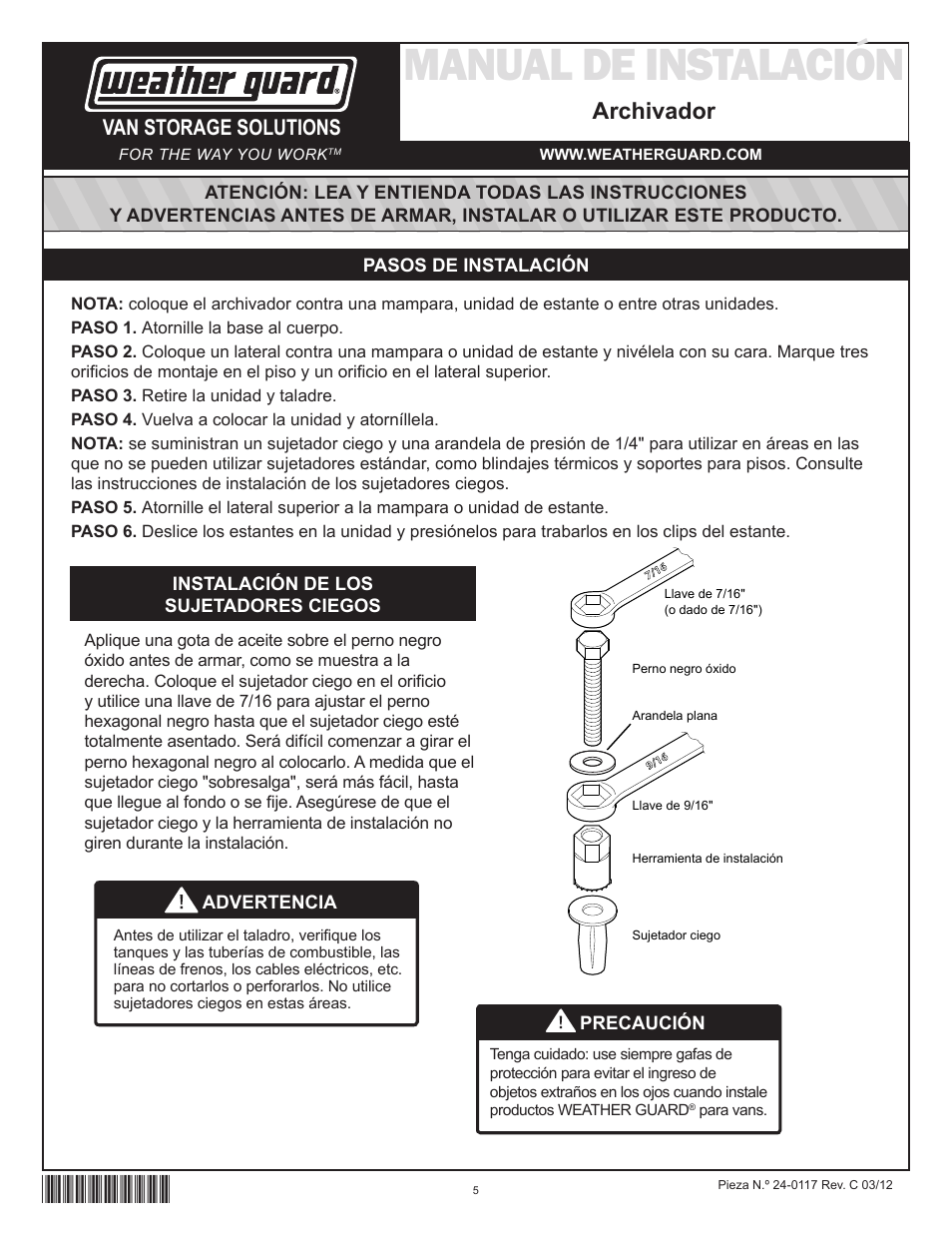 Manual de instalación, Archivador, Van storage solutions | WEATHER GUARD Model 9860-3-01 Catalog File Unit, 36 in x 6 in x 12 in User Manual | Page 5 / 9