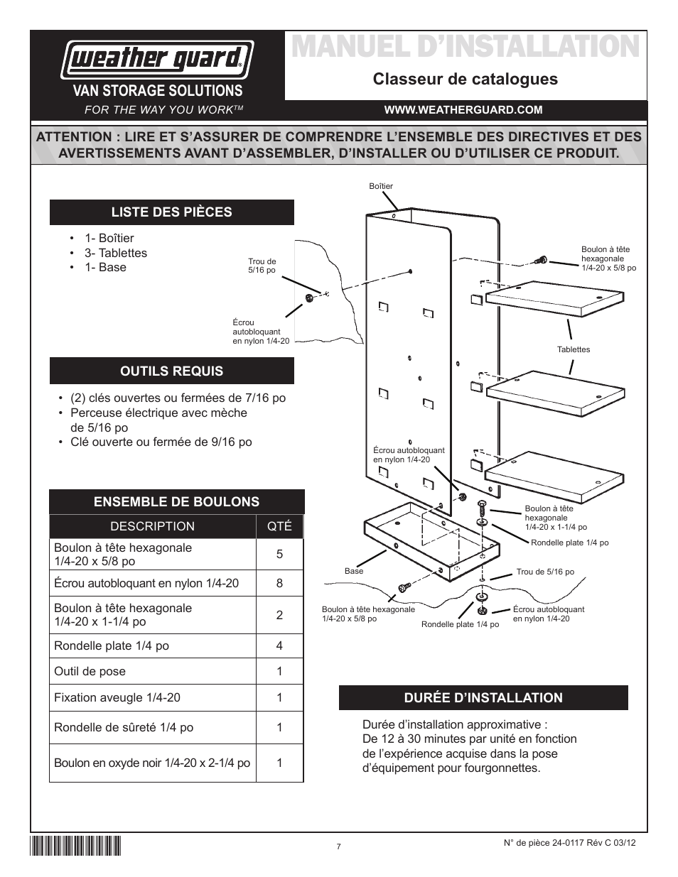 Manuel d’installation, Classeur de catalogues, Van storage solutions | WEATHER GUARD Model 9860-3-01 Catalog File Unit, 36 in x 6 in x 12 in User Manual | Page 7 / 9