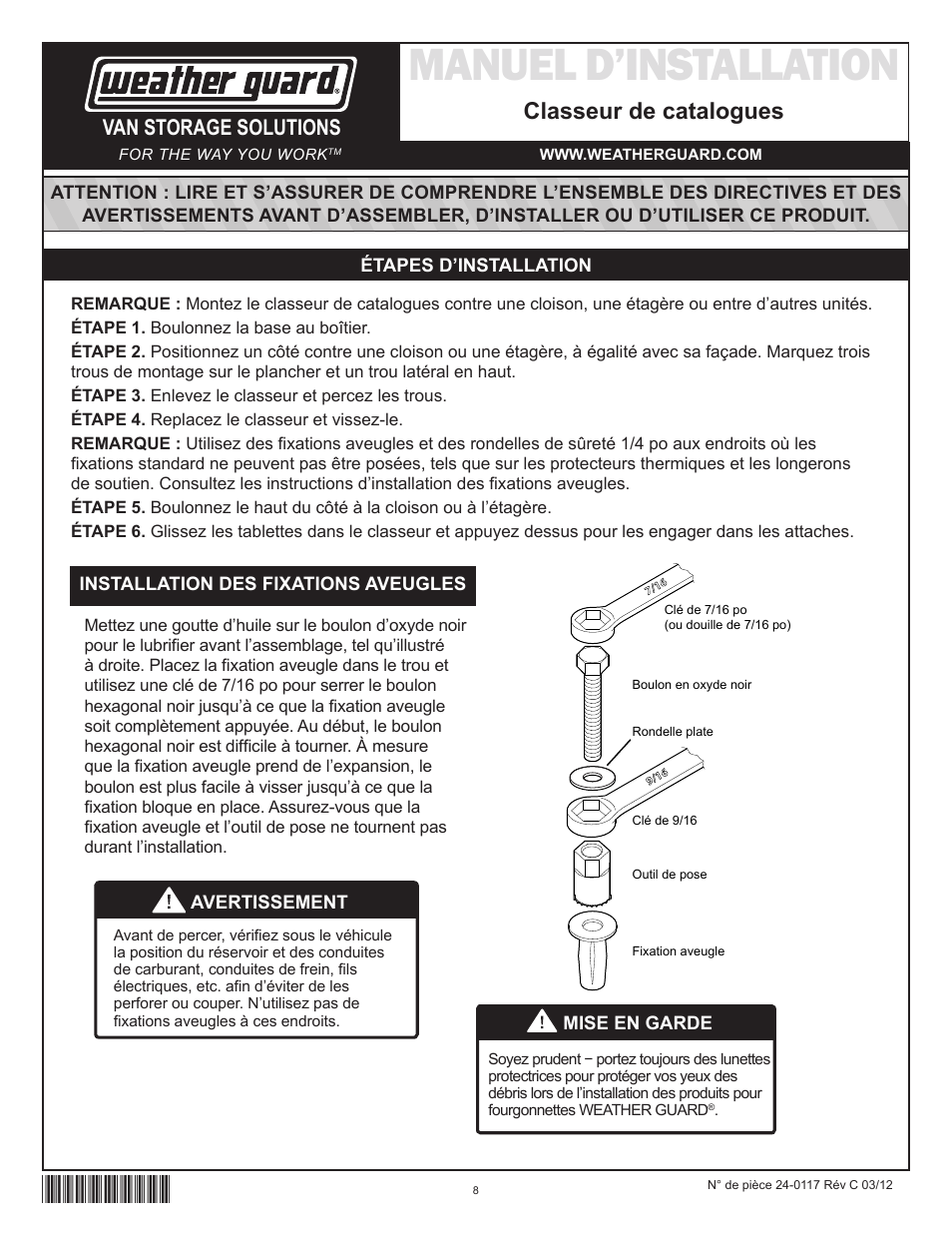 Manuel d’installation, Classeur de catalogues, Van storage solutions | WEATHER GUARD Model 9860-3-01 Catalog File Unit, 36 in x 6 in x 12 in User Manual | Page 8 / 9