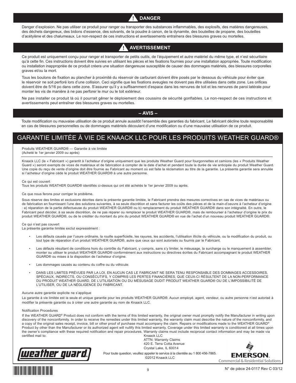 Danger, Avis, Avertissement | WEATHER GUARD Model 9860-3-01 Catalog File Unit, 36 in x 6 in x 12 in User Manual | Page 9 / 9