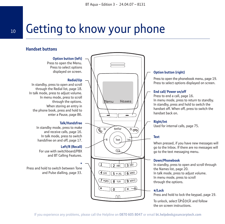 Getting to know your phone, Unlock | BT Aqua Cordless Telephone User Manual | Page 10 / 88