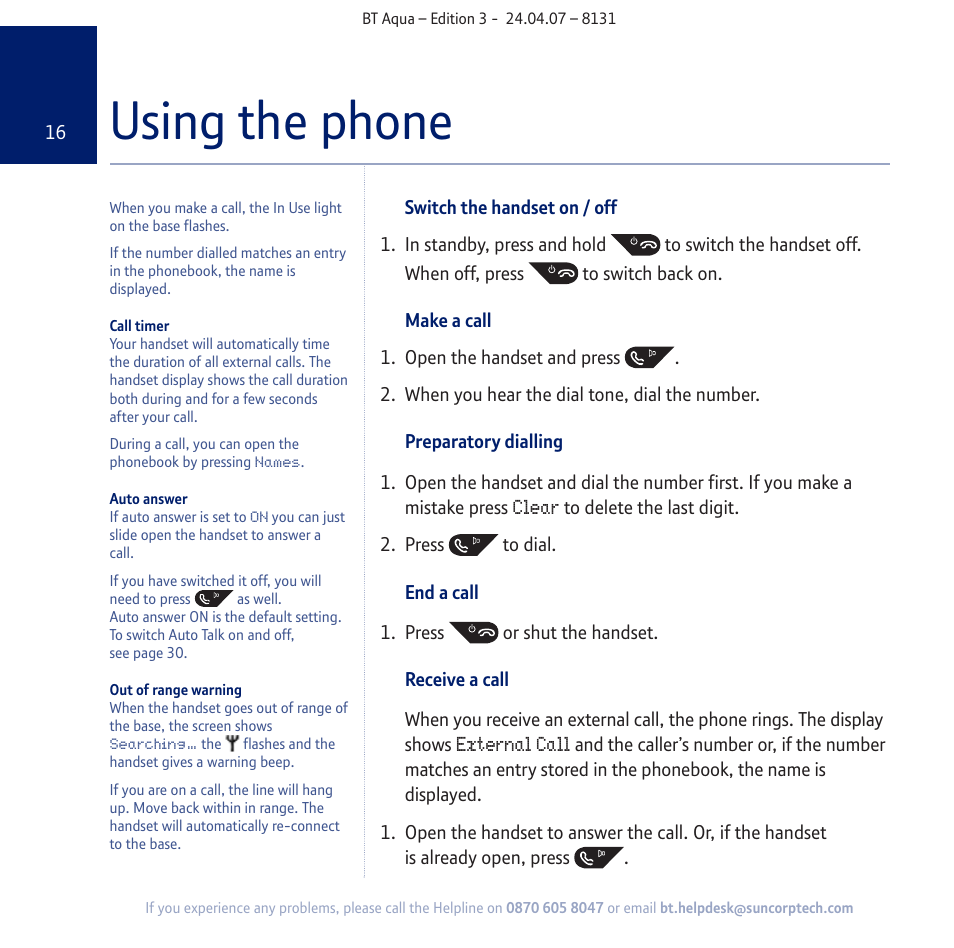 Using the phone | BT Aqua Cordless Telephone User Manual | Page 16 / 88