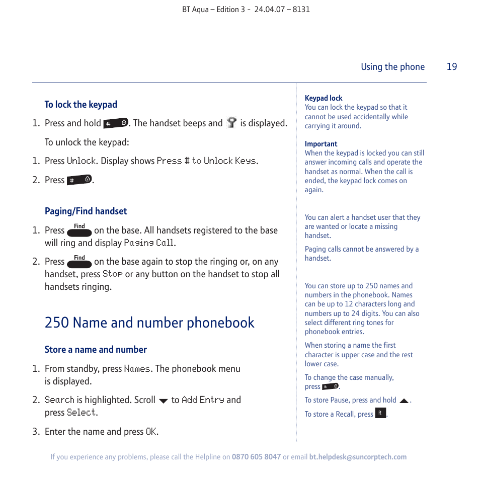 250 name and number phonebook | BT Aqua Cordless Telephone User Manual | Page 19 / 88