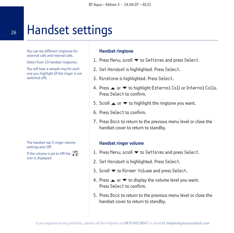 Handset settings | BT Aqua Cordless Telephone User Manual | Page 26 / 88