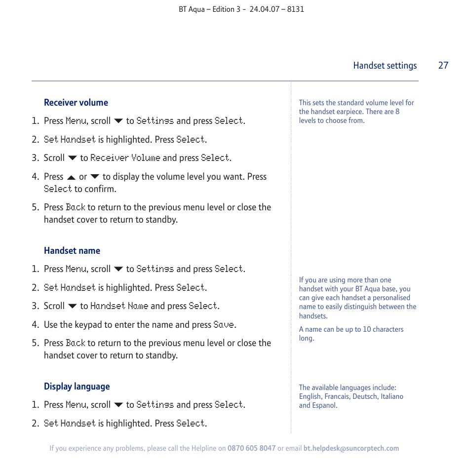 BT Aqua Cordless Telephone User Manual | Page 27 / 88