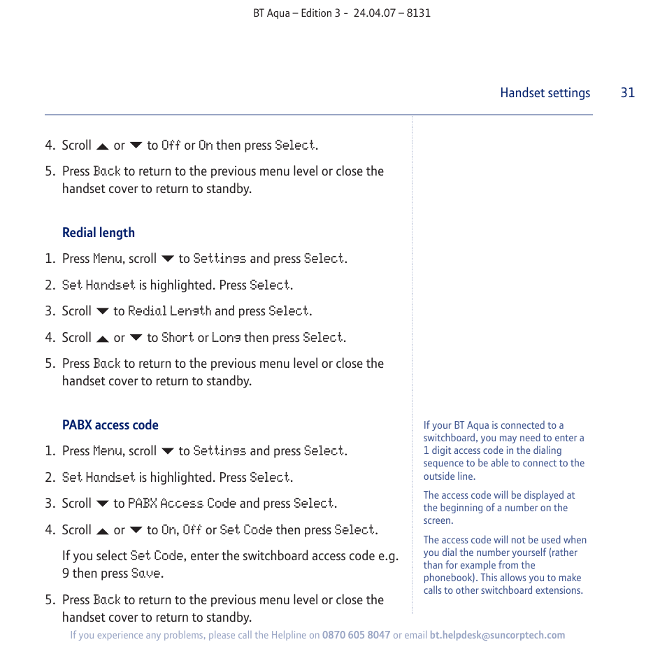 BT Aqua Cordless Telephone User Manual | Page 31 / 88