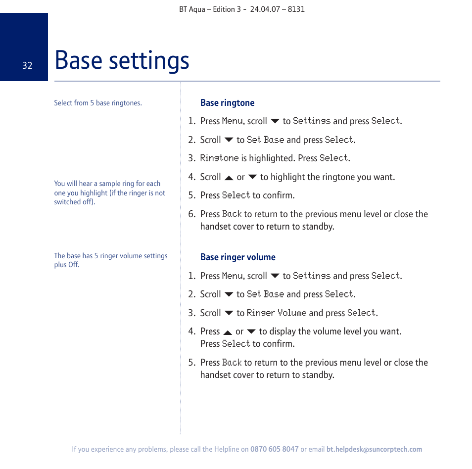 Base settings | BT Aqua Cordless Telephone User Manual | Page 32 / 88