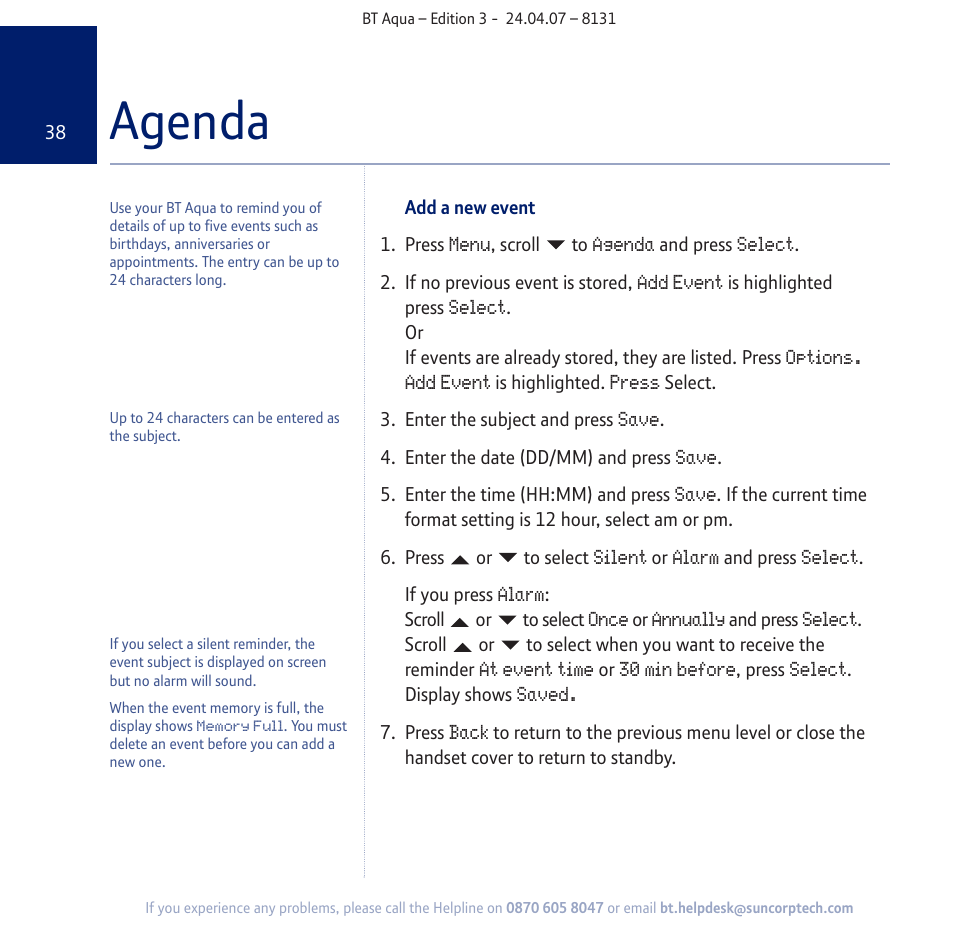 Agenda | BT Aqua Cordless Telephone User Manual | Page 38 / 88