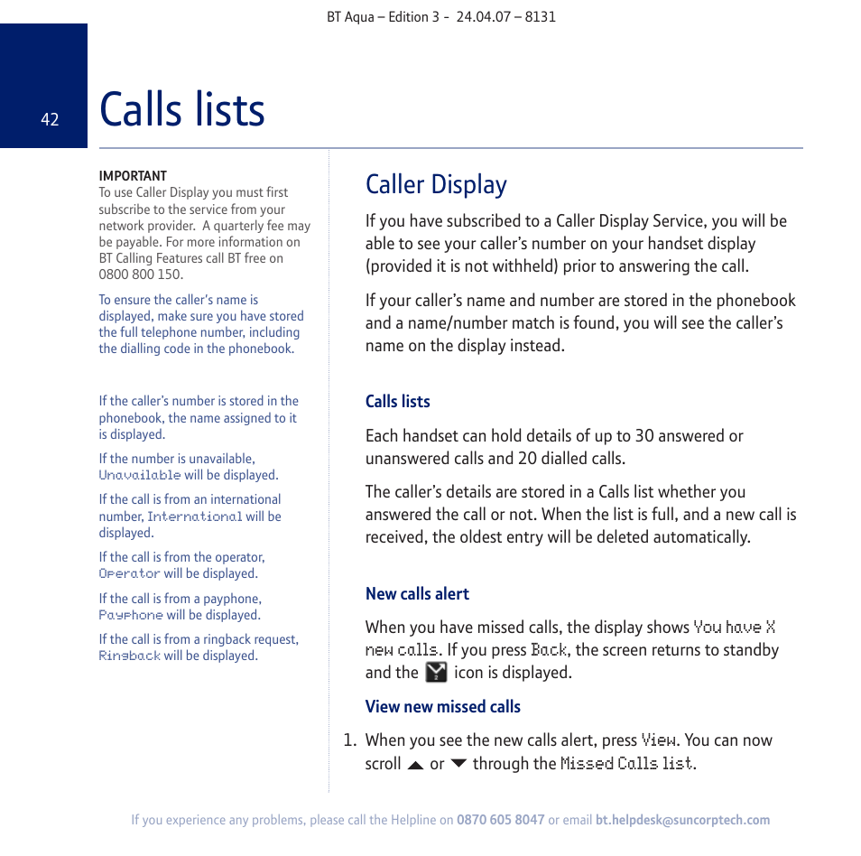 Calls lists, Caller display | BT Aqua Cordless Telephone User Manual | Page 42 / 88