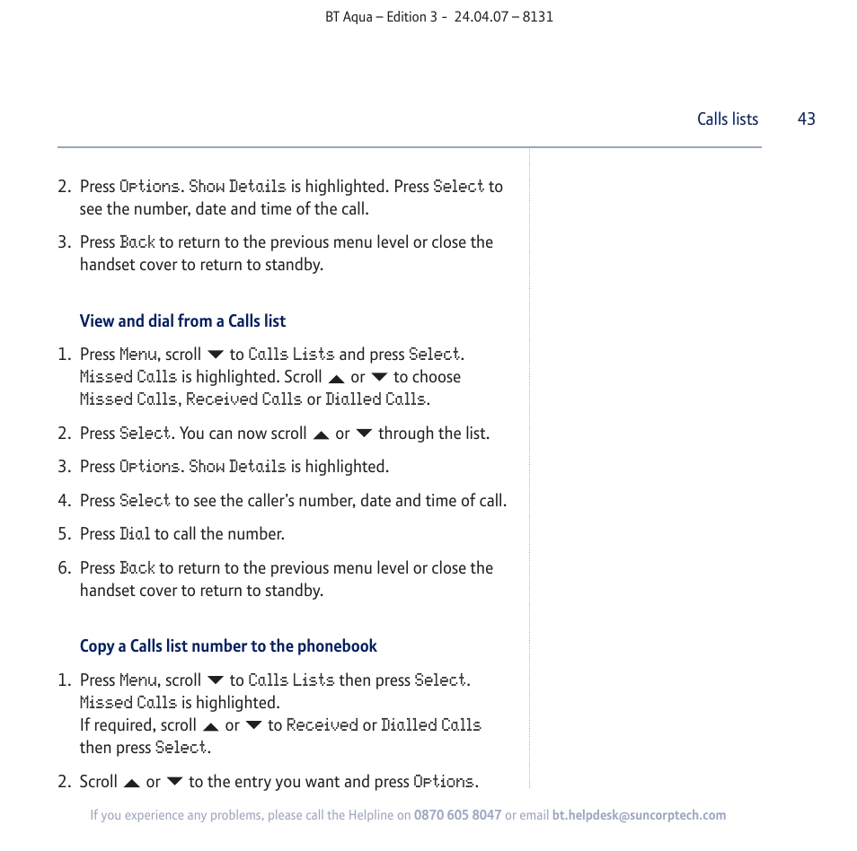 BT Aqua Cordless Telephone User Manual | Page 43 / 88