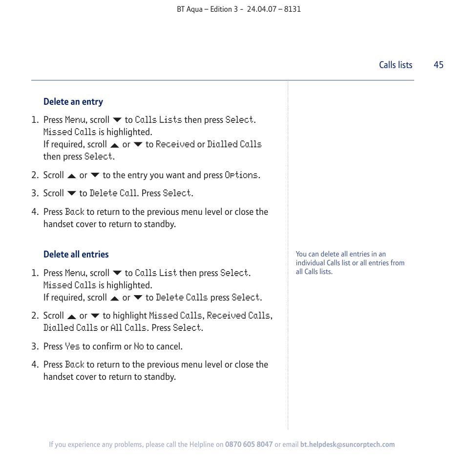 BT Aqua Cordless Telephone User Manual | Page 45 / 88