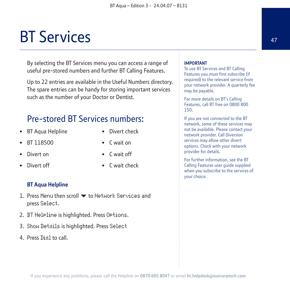 Bt services, Pre-stored bt services numbers | BT Aqua Cordless Telephone User Manual | Page 47 / 88