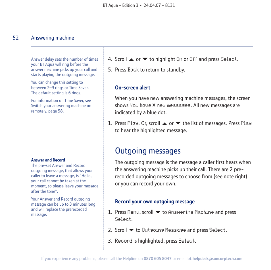 Outgoing messages | BT Aqua Cordless Telephone User Manual | Page 52 / 88