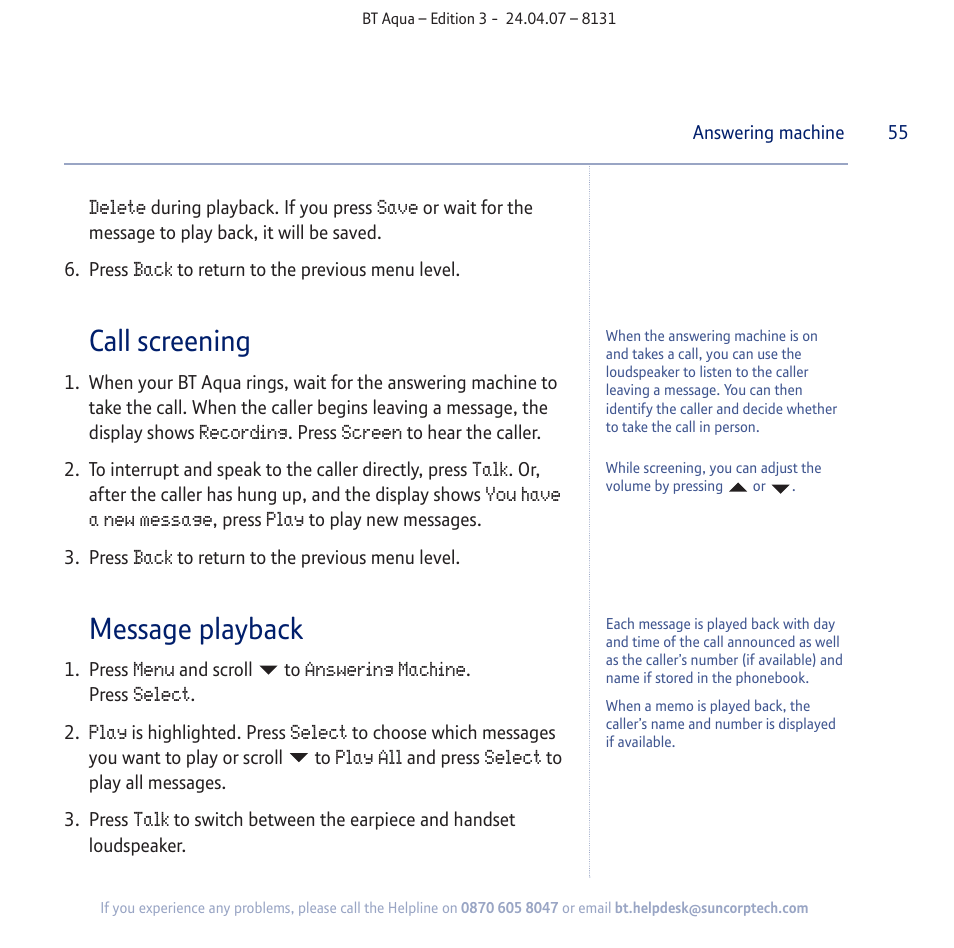 Call screening, Message playback | BT Aqua Cordless Telephone User Manual | Page 55 / 88