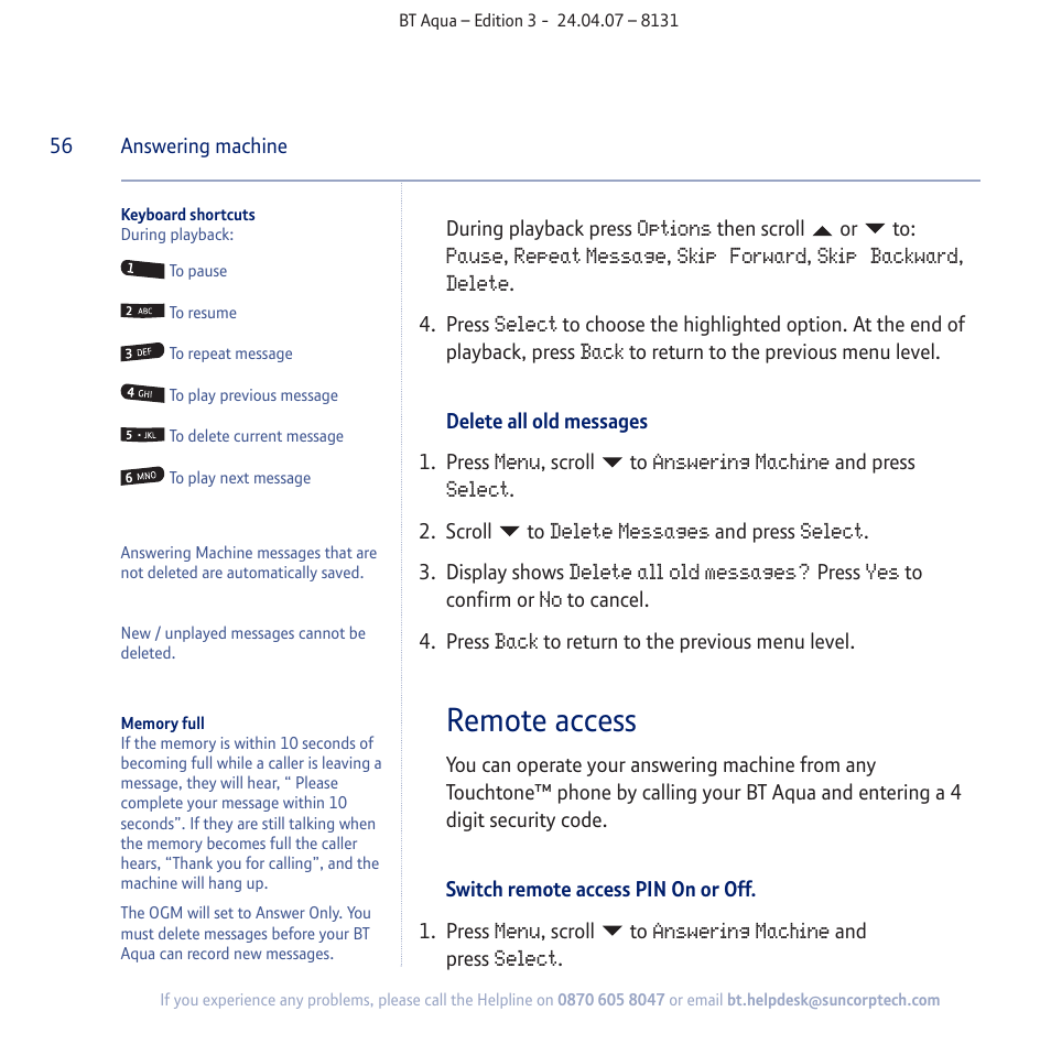 Remote access | BT Aqua Cordless Telephone User Manual | Page 56 / 88