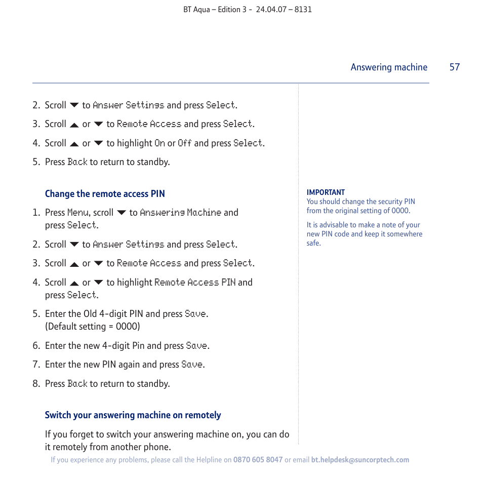 BT Aqua Cordless Telephone User Manual | Page 57 / 88