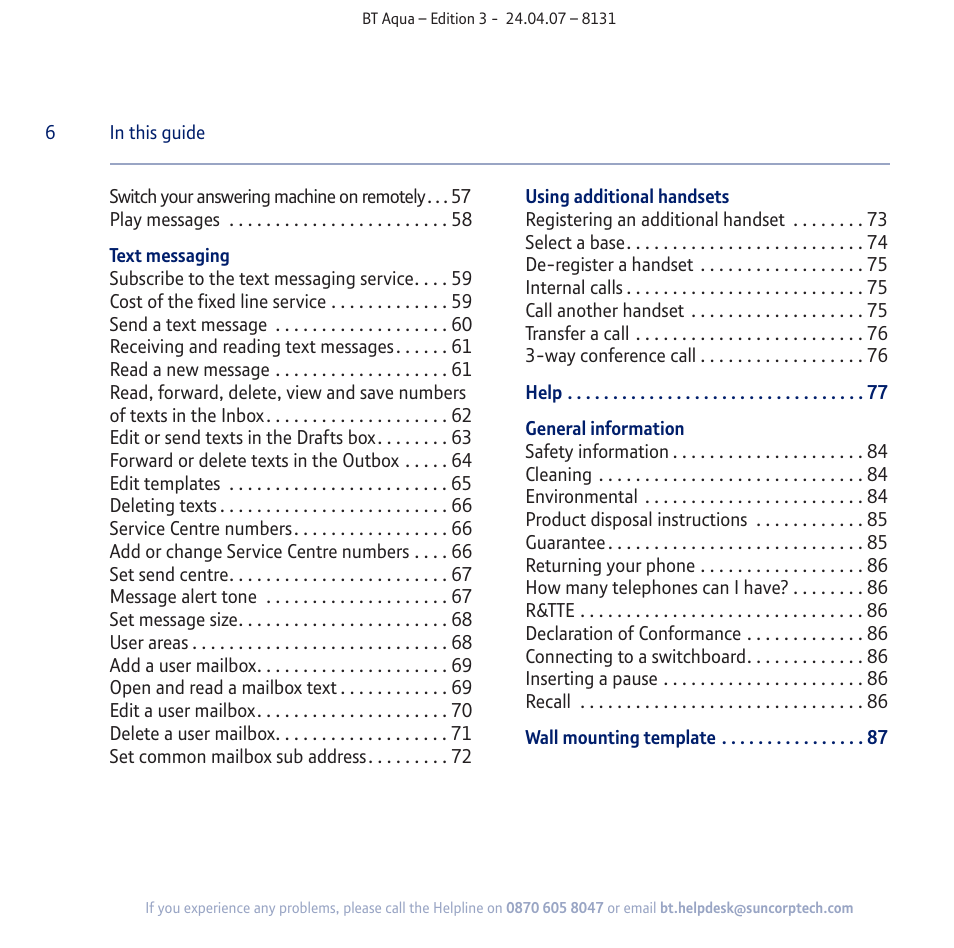 BT Aqua Cordless Telephone User Manual | Page 6 / 88