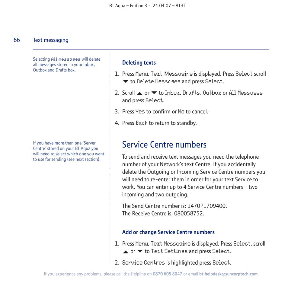 Service centre numbers | BT Aqua Cordless Telephone User Manual | Page 66 / 88