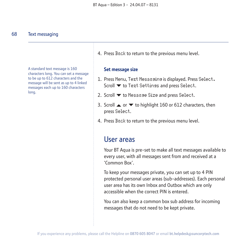 User areas | BT Aqua Cordless Telephone User Manual | Page 68 / 88