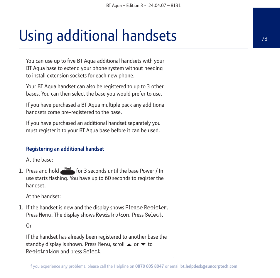 Using additional handsets | BT Aqua Cordless Telephone User Manual | Page 73 / 88