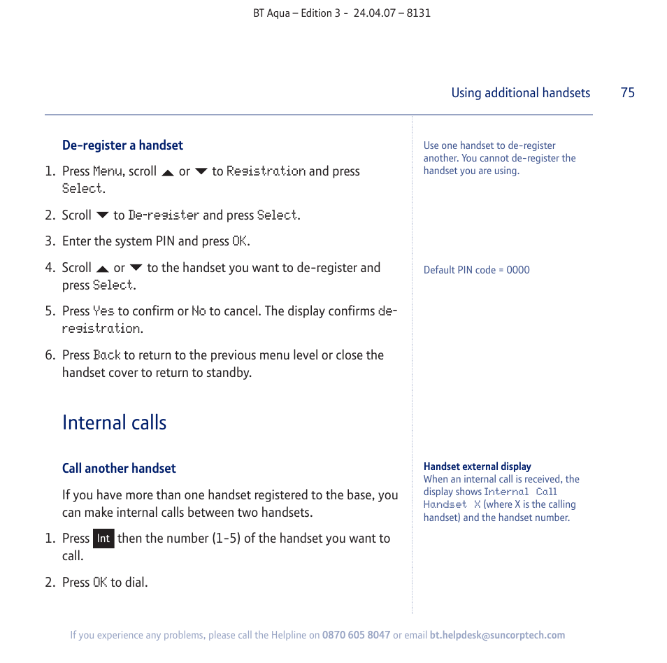 Internal calls | BT Aqua Cordless Telephone User Manual | Page 75 / 88