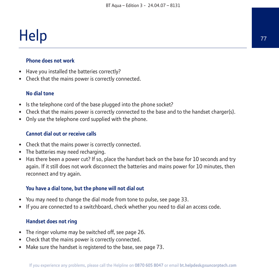 Help | BT Aqua Cordless Telephone User Manual | Page 77 / 88