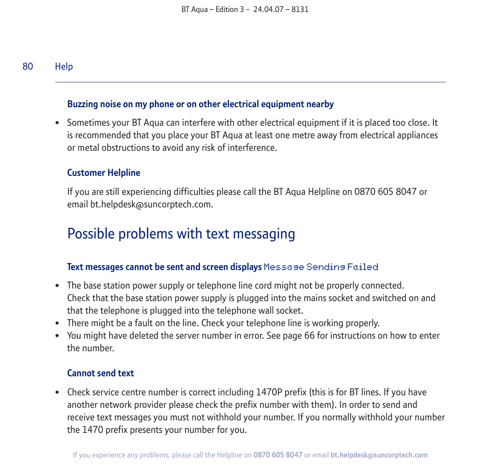 Possible problems with text messaging | BT Aqua Cordless Telephone User Manual | Page 80 / 88