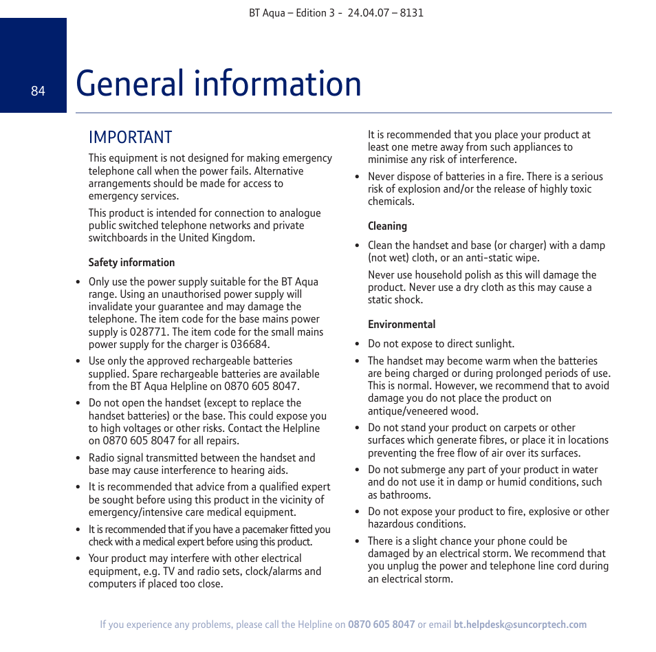 General information, Important | BT Aqua Cordless Telephone User Manual | Page 84 / 88