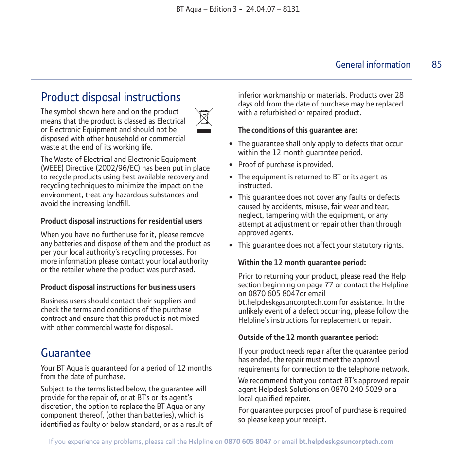 Product disposal instructions, Guarantee | BT Aqua Cordless Telephone User Manual | Page 85 / 88