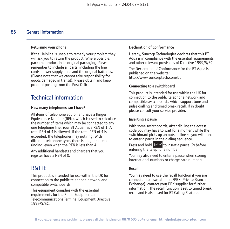 Technical information, R&tte | BT Aqua Cordless Telephone User Manual | Page 86 / 88