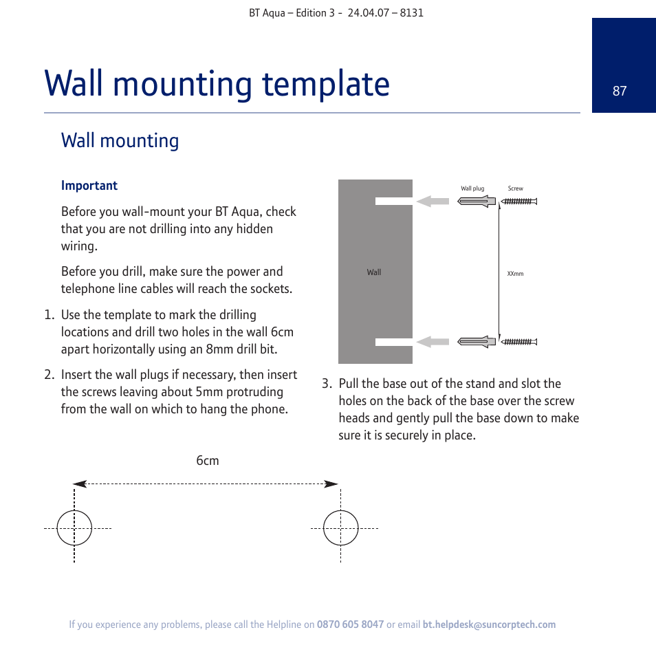 Wall mounting template, Wall mounting | BT Aqua Cordless Telephone User Manual | Page 87 / 88