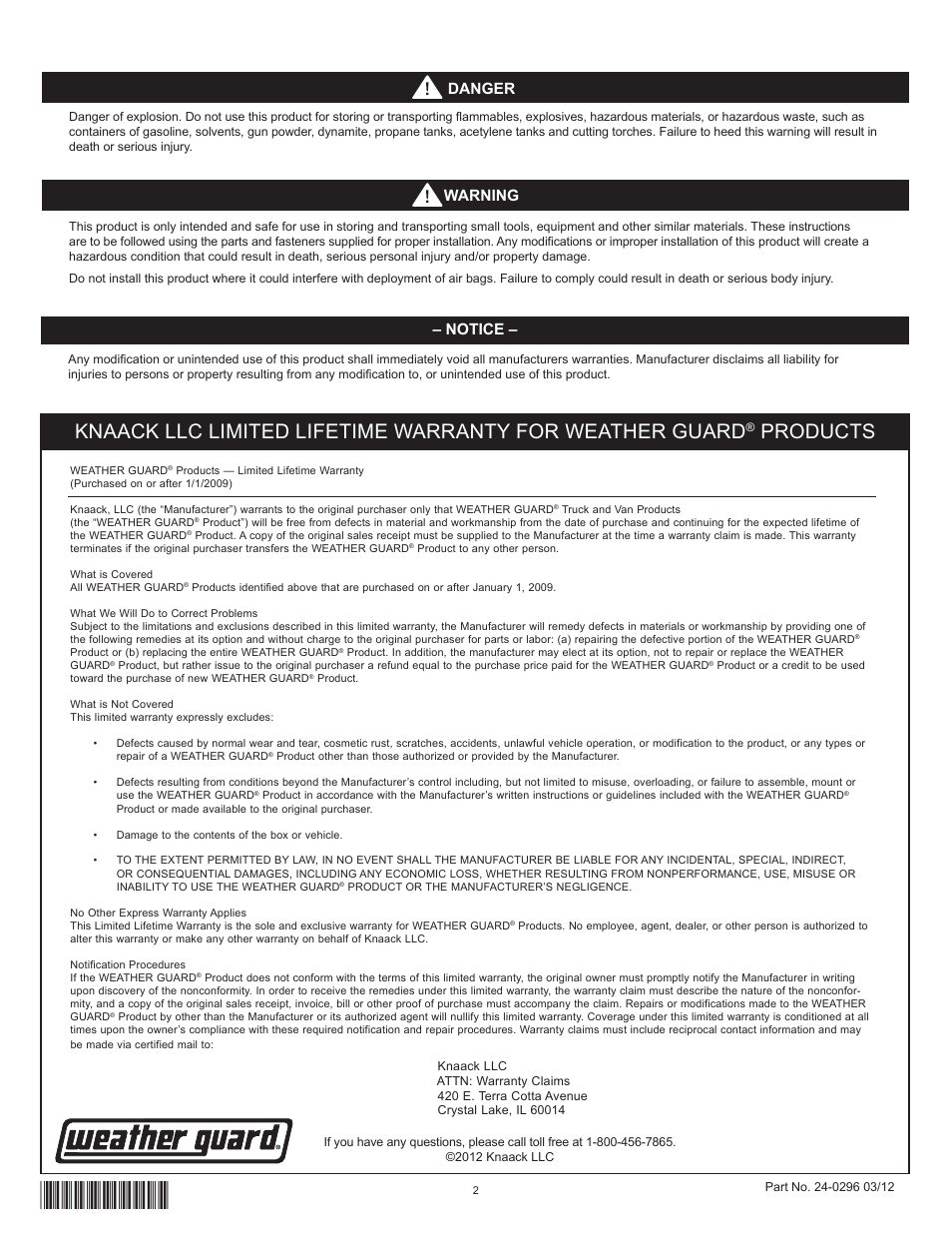 Products, Danger, Notice | Warning | WEATHER GUARD Model 9893-7-01 Three Hook Cord Tool Holder User Manual | Page 2 / 6