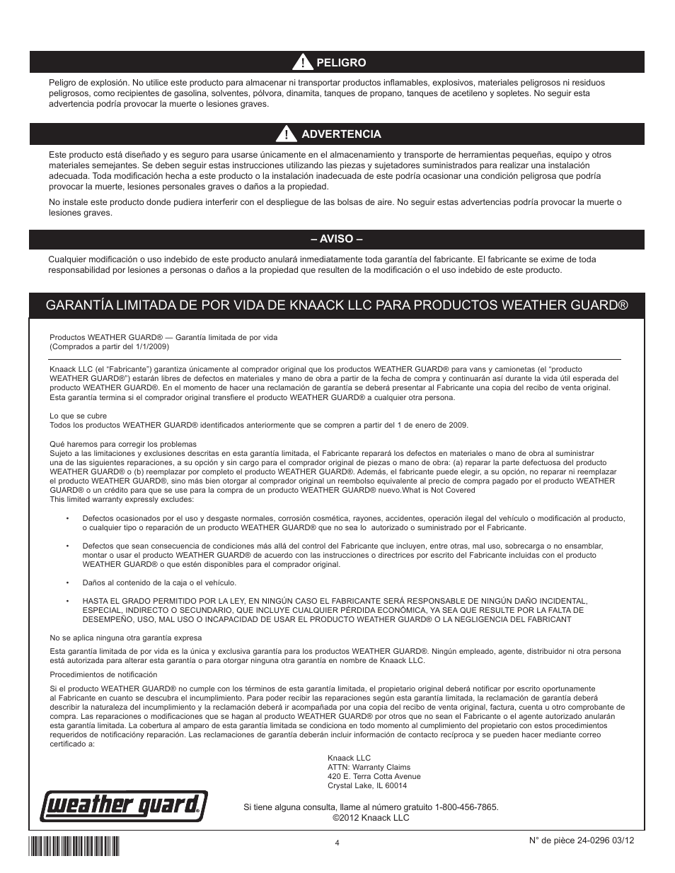 Peligro, Aviso, Advertencia | WEATHER GUARD Model 9893-7-01 Three Hook Cord Tool Holder User Manual | Page 4 / 6