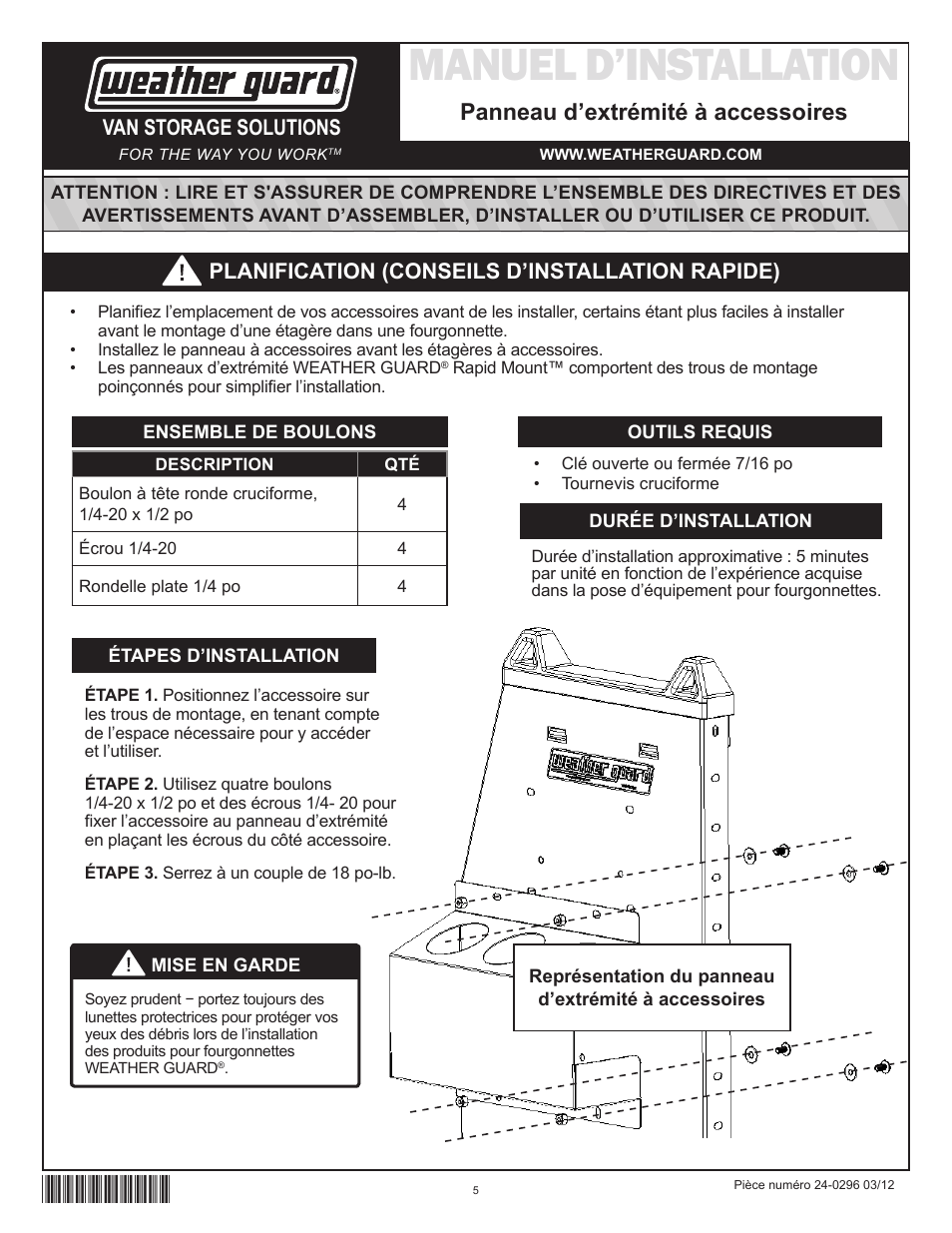 Manuel d’installation, Panneau d’extrémité à accessoires, Van storage solutions | Planification (conseils d’installation rapide) | WEATHER GUARD Model 9893-7-01 Three Hook Cord Tool Holder User Manual | Page 5 / 6