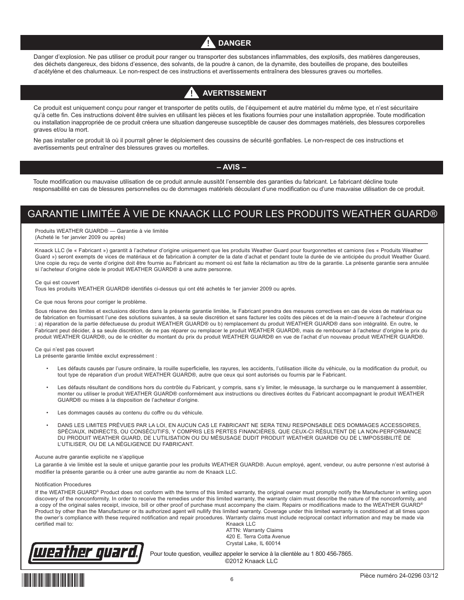 Danger, Avis, Avertissement | WEATHER GUARD Model 9893-7-01 Three Hook Cord Tool Holder User Manual | Page 6 / 6
