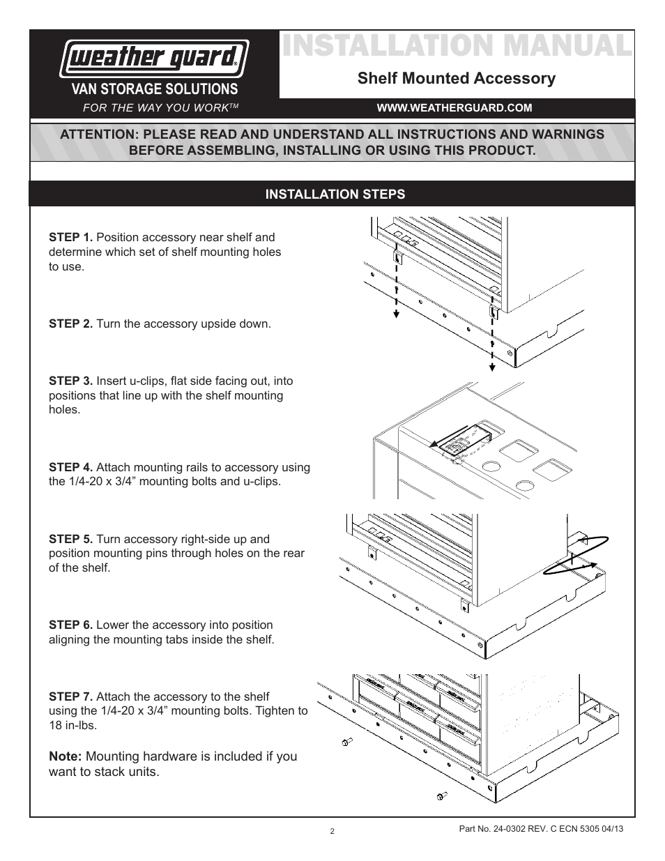 Installation manual, Shelf mounted accessory | WEATHER GUARD Model 9950-7-02 Parts Box, Cabinet, 12 in x 20 in x 14 in User Manual | Page 2 / 9