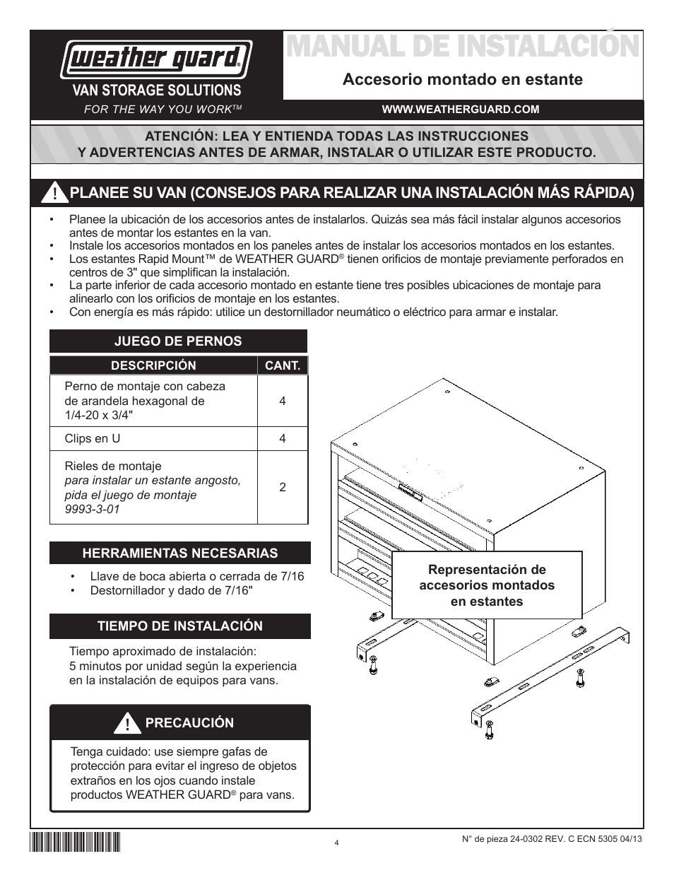 Manual de instalación, Accesorio montado en estante | WEATHER GUARD Model 9950-7-02 Parts Box, Cabinet, 12 in x 20 in x 14 in User Manual | Page 4 / 9