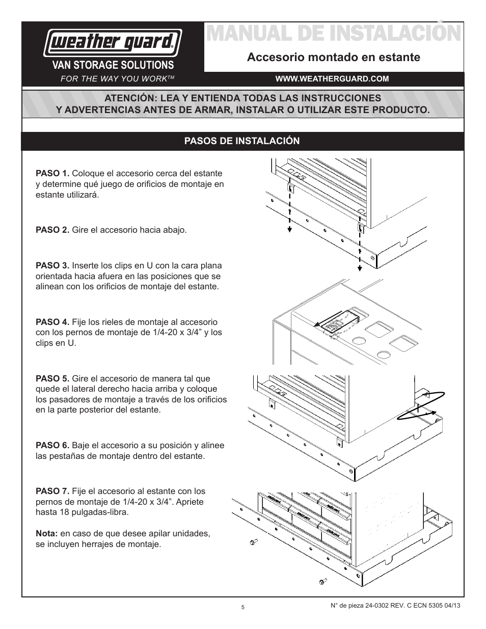 Manual de instalación, Accesorio montado en estante | WEATHER GUARD Model 9950-7-02 Parts Box, Cabinet, 12 in x 20 in x 14 in User Manual | Page 5 / 9