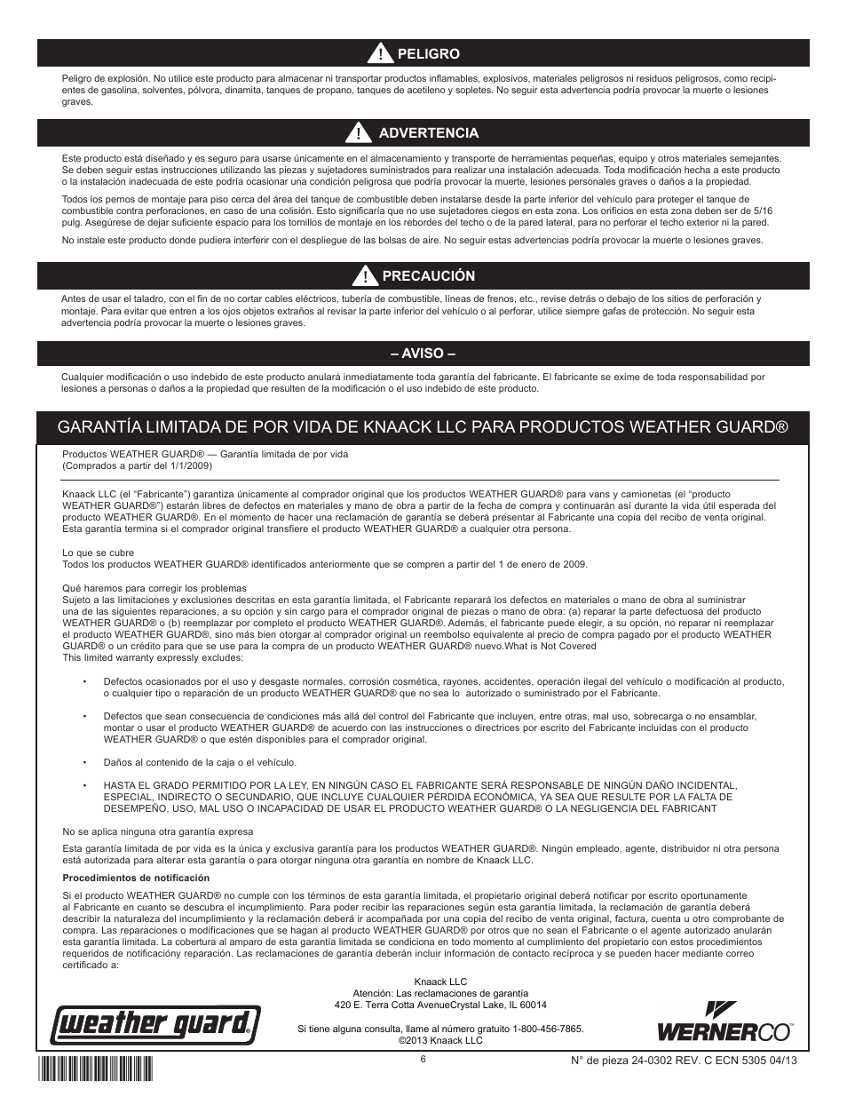 Peligro, Aviso, Advertencia | Precaución | WEATHER GUARD Model 9950-7-02 Parts Box, Cabinet, 12 in x 20 in x 14 in User Manual | Page 6 / 9