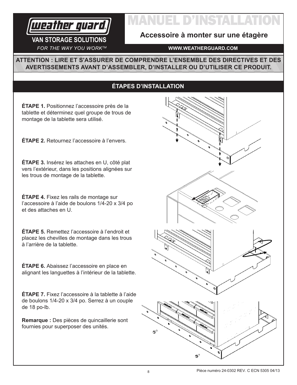 Manuel d’installation, Accessoire à monter sur une étagère | WEATHER GUARD Model 9950-7-02 Parts Box, Cabinet, 12 in x 20 in x 14 in User Manual | Page 8 / 9