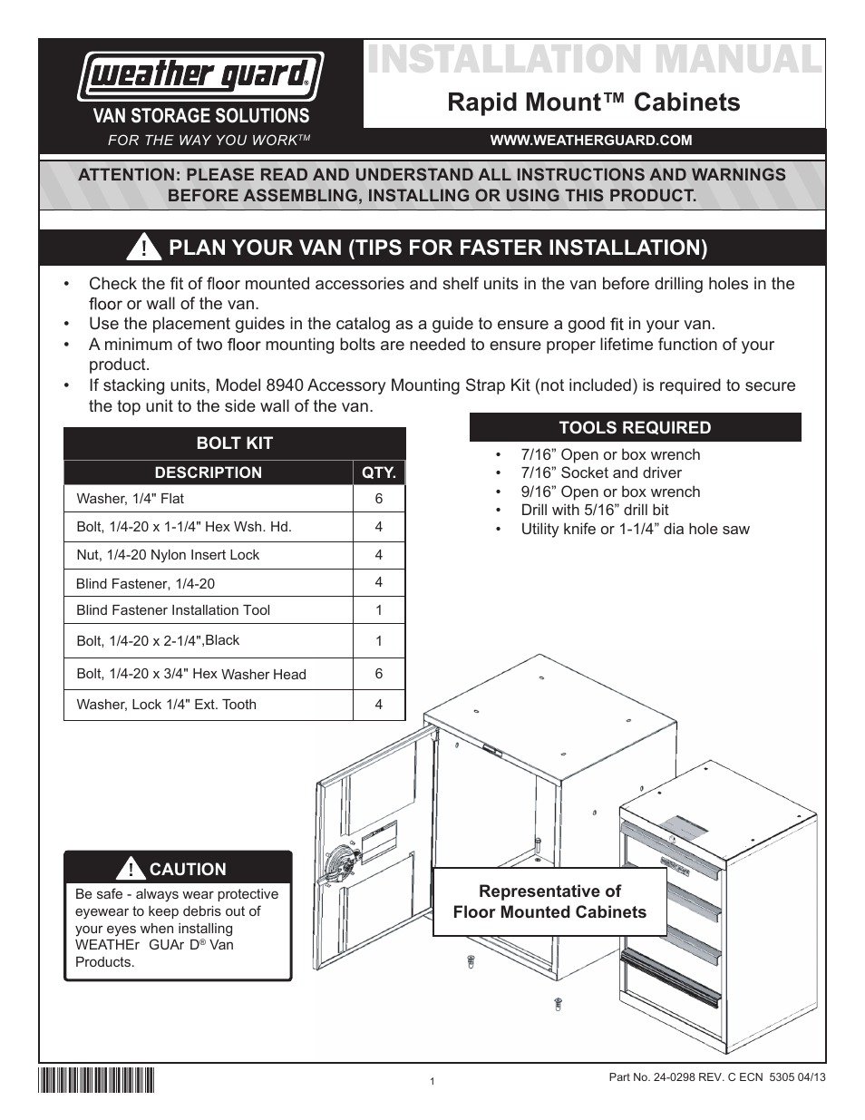 WEATHER GUARD Model 9029-3-01 Base Cabinet with Bin, 22 in x 18 in x 16 in User Manual | 9 pages