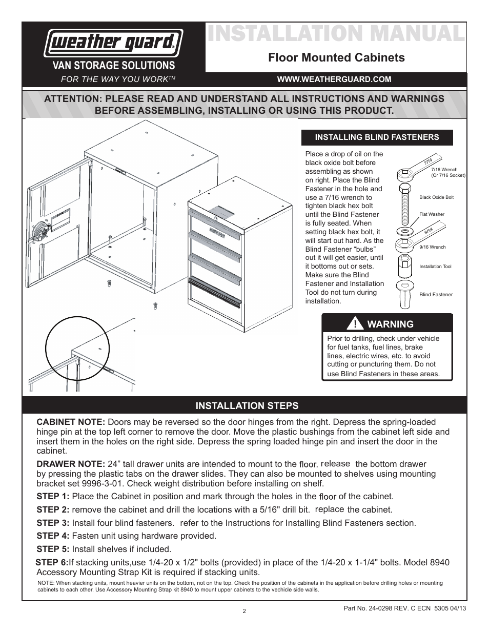 Installation manual, Floor mounted cabinets, Van storage solutions | WEATHER GUARD Model 9029-3-01 Base Cabinet with Bin, 22 in x 18 in x 16 in User Manual | Page 2 / 9