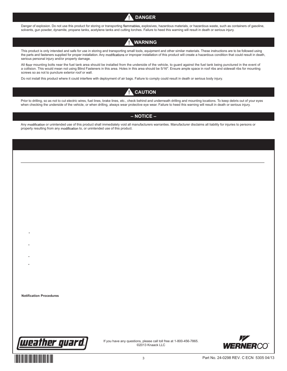 Danger, Notice, Warning | Caution | WEATHER GUARD Model 9029-3-01 Base Cabinet with Bin, 22 in x 18 in x 16 in User Manual | Page 3 / 9