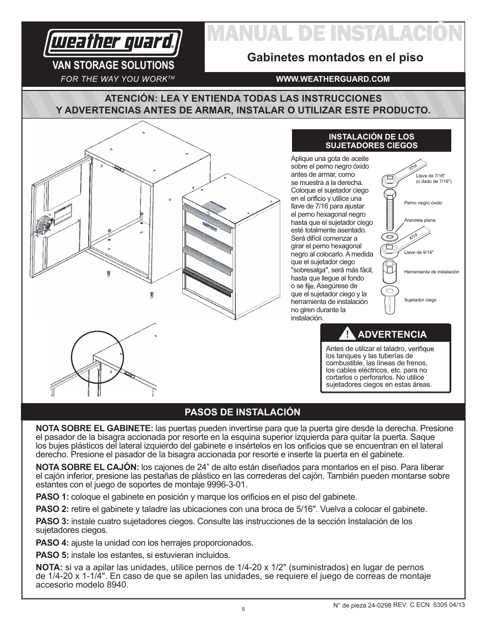 Manual de instalación, Gabinetes montados en el piso, Van storage solutions | WEATHER GUARD Model 9029-3-01 Base Cabinet with Bin, 22 in x 18 in x 16 in User Manual | Page 5 / 9