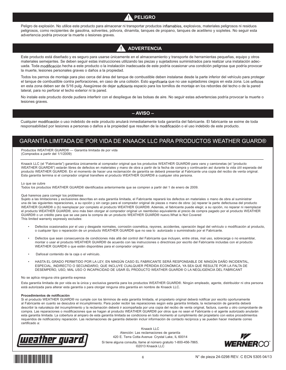 Peligro, Aviso, Advertencia | WEATHER GUARD Model 9029-3-01 Base Cabinet with Bin, 22 in x 18 in x 16 in User Manual | Page 6 / 9