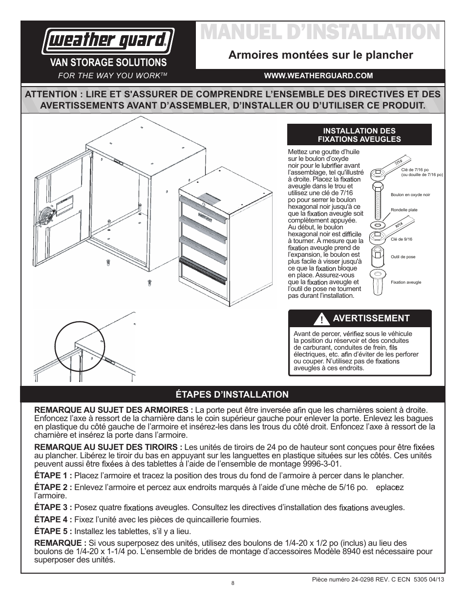 Manuel d’installation, Armoires montées sur le plancher, Van storage solutions | WEATHER GUARD Model 9029-3-01 Base Cabinet with Bin, 22 in x 18 in x 16 in User Manual | Page 8 / 9