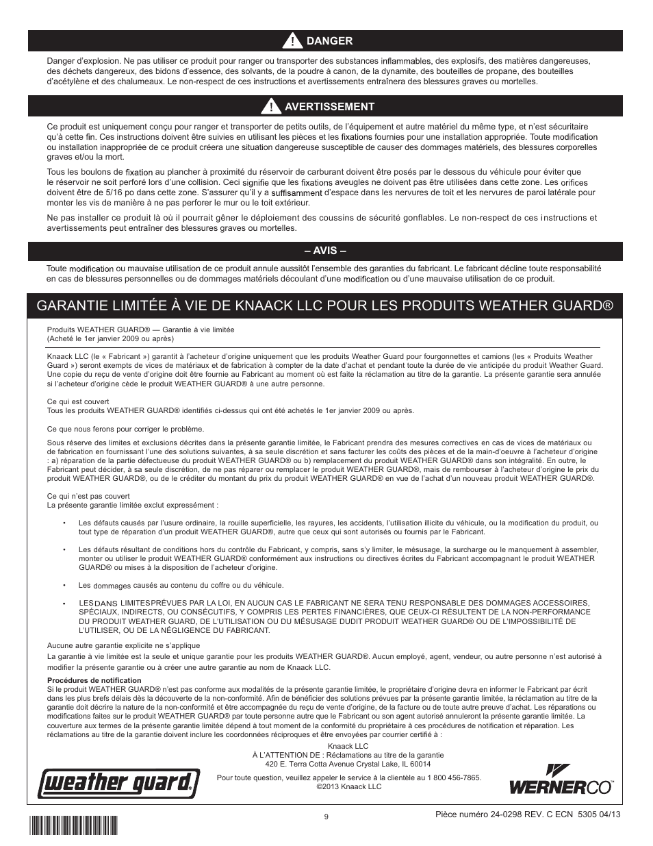 Danger, Avis, Avertissement | WEATHER GUARD Model 9029-3-01 Base Cabinet with Bin, 22 in x 18 in x 16 in User Manual | Page 9 / 9